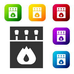 Black Open matchbox and matches icon isolated on white background. Set icons in color square buttons. Vector.