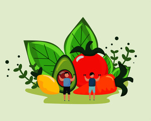 illustration of healthy vegetables with humans, Healthy Lifestyle, Organic Food Choice. Vitamins in Products Infographic