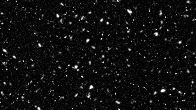 Neige r&eacute;aliste avec fond noir transparent en hiver pour utiliser comme calque de texture. Ajouter l'effet "Superposition" dans Photoshop pour ajouter de la neige tombant sur tout type d'image.