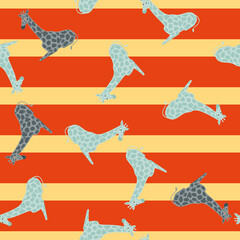 Bright funny seamless pattern with blue random giraffe ornament. Orange striped background.