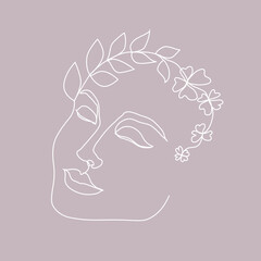 woman face line art with flowers and leaves. Beauty and fashion vector illustration. Graphic design. One line drawning for prints, textile, logo, for beauty blogs