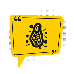 Black Bacteria icon isolated on white background. Bacteria and germs, microorganism disease causing, cell cancer, microbe, virus, fungi. Yellow speech bubble symbol. Vector.