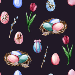Watercolor hand drawn seamless pattern with colorful painted and decorated Easter eggs, nest, tulips and willow on dark background. Festive pattern for textile, wrapping paper and other unique design