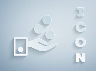 Paper cut People paying tips to service staff in restaurant and hotel icon isolated on grey background. Tips money cash coin hotel resort service. Paper art style. Vector.