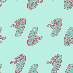 Minimalistic hand drawn seamless pattern with cartoon contoured frog ornament. Blue pastel background.