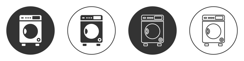 Black Washer icon isolated on white background. Washing machine icon. Clothes washer - laundry machine. Home appliance symbol. Circle button. Vector.