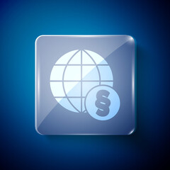 White International law icon isolated on blue background. Global law logo. Legal justice verdict world. Square glass panels. Vector.