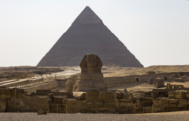 Sphinx on the background of the pyramid, landscape of Giza