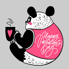 Happy Valentines day cute panda with coffee in flat and hand drawn styles. Vector illustration for Valentines day, greeting cards, posters, digital and social media