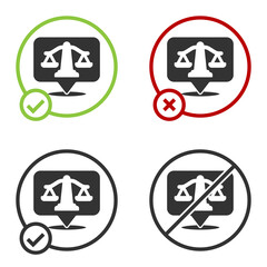 Black Scales of justice icon isolated on white background. Court of law symbol. Balance scale sign. Circle button. Vector.