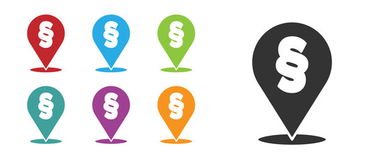 Black Location law icon isolated on white background. Set icons colorful. Vector.