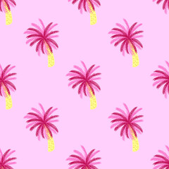 Fototapeta na wymiar Bright pink palm tree shapes seamless nature exotic pattern. Tropic plants backdrop with pastel background.
