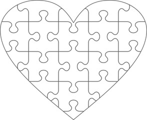 Heart shaped jigsaw puzzle blank template with classic style transparent (for vector mode) pieces, suitable for Valentine's Day, wedding and romantic designs and projects
