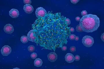 Hiv virus attack and infected t-cell with regular cells 3d render illustration