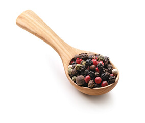 Mix of difefrent pepper black white pink green and allspice in a wooden spoon isolated on white...