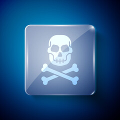 White Skull on crossbones icon isolated on blue background. Happy Halloween party. Square glass panels. Vector.