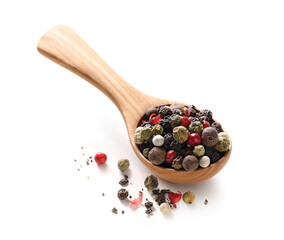 Mix of difefrent pepper black white pink green and allspice in a wooden spoon isolated on white...