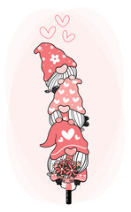 Cute sweet happy gnome on flower bicycle with heart, love Valentine gnome cartoon vector for t shirt print, greeting card, nursery print