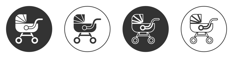 Fototapeta na wymiar Black Baby stroller icon isolated on white background. Baby carriage, buggy, pram, stroller, wheel. Circle button. Vector.