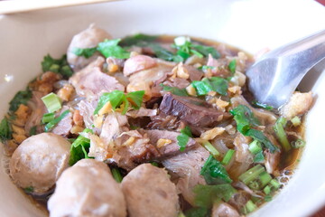 Thai style noodle blood soup. close up or selective focus