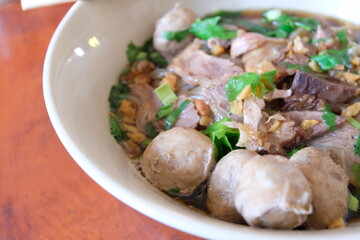 Thai style noodle blood soup. close up or selective focus