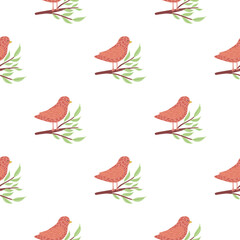 Nature isolated seamless pattern with red bird simple silhouette and green leaf branches ornament.