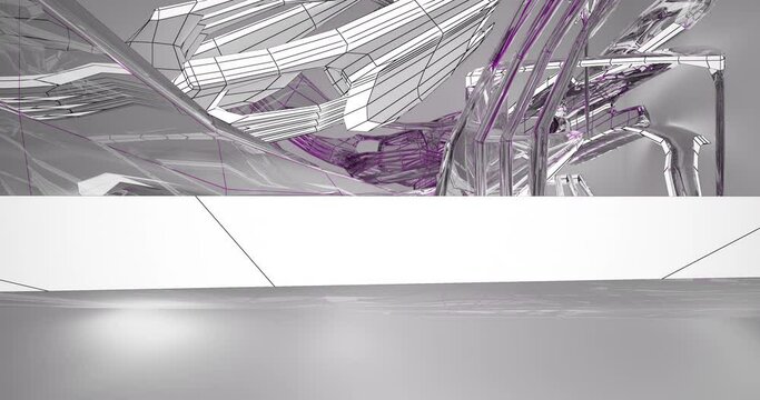 Abstract architectural background. Flying on a white minimalistic interior. Futuristic modern space. Polygonal drawing of an array. Bright neon lighting. 3D animation and rendering.