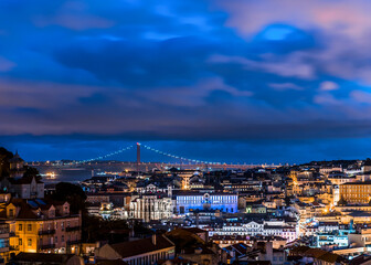View of Lisbon city and the 25th April Bridge at night