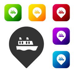 Black Location with cruise ship icon isolated on white background. Travel tourism nautical transport. Voyage passenger ship, cruise liner. Set icons in color square buttons. Vector.