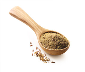 Cumin powder spices in a wooden spoon isolated on white background
