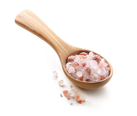 Fototapeta na wymiar Crystal Himalayan pink salt in a wooden spoon isolated on white background