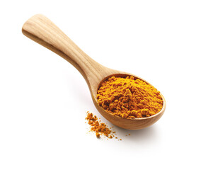 Turmeric powder spices in a wooden spoon isolated on white background