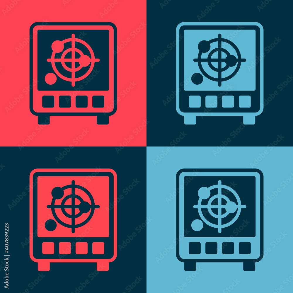 Poster pop art radar with targets on monitor in searching icon isolated on color background. search system.
