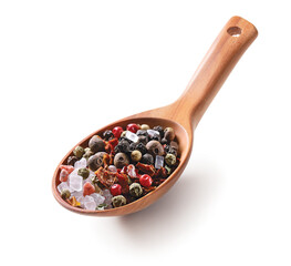 Dry spice mix with salt and black, red, green, white, allspice peppercorns in a wooden spoon isolated on white background