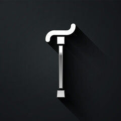 Silver Walking stick cane icon isolated on black background. Long shadow style. Vector.