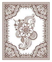 Stylized with henna tattoo decorative pattern for decorating covers book, notebook, casket, postcard and folder. Flower and border in mehndi style. Frame in the eastern tradition.