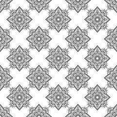 Seamless decorative ornament in ethnic oriental style. Circular pattern in form of mandala for Henna, Mehndi, tattoo, decoration. Doodle outline hand draw vector illustration.