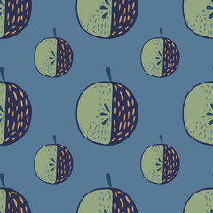 Green and navy blue abstract simple apple silhouettes seamless pattern. Blue background. Foof print.