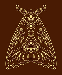 Moth decorated with Indian ethnic floral vintage pattern. Hand drawn decorative insect in doodle style. Stylized mehndi ornament for tattoo, print, design for room, cover, book and coloring page.