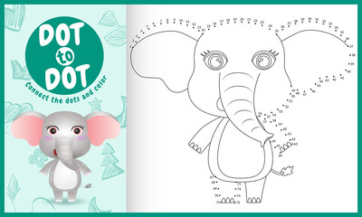Connect the dots kids game and coloring page with a cute elephant character illustration
