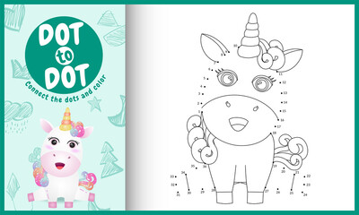 Connect the dots kids game and coloring page with a cute unicorn character illustration