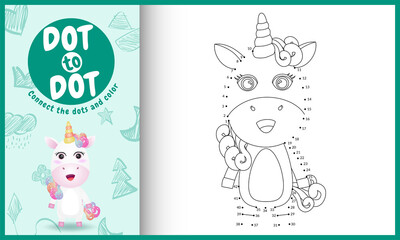 Fototapeta na wymiar Connect the dots kids game and coloring page with a cute unicorn character illustration