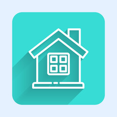 White line House icon isolated with long shadow. Home symbol. Green square button. Vector Illustration.