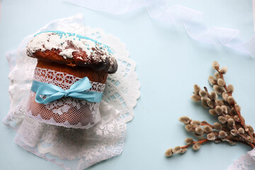 Easter card. traditional Easter cake and Easter eggs