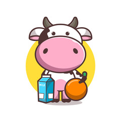 cute cow with milk bottle and oranges, cartoon, vector eps 10