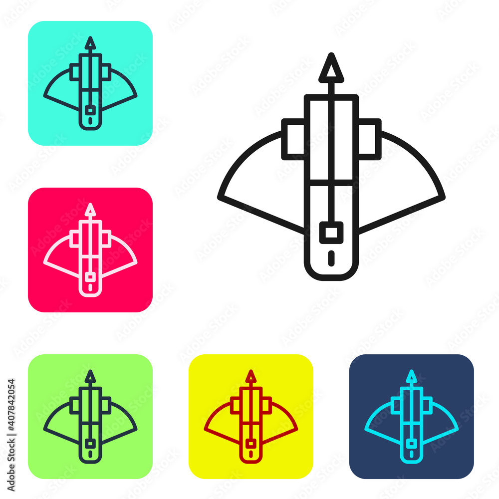 Poster black line battle crossbow with arrow icon isolated on white background. set icons in color square b