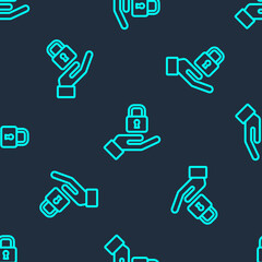 Green line Lock in hand icon isolated seamless pattern on blue background. Padlock sign. Security, safety, protection, privacy concept. Vector.