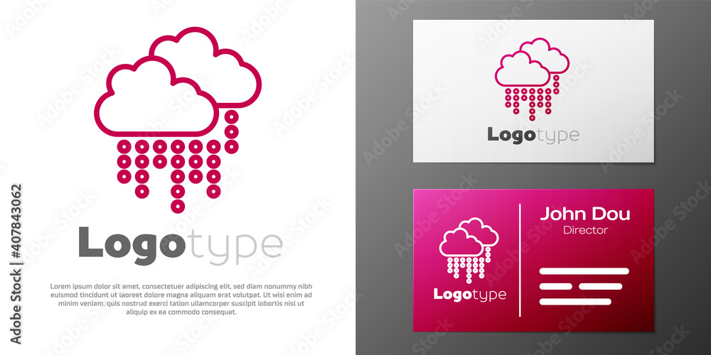 Poster logotype line cloud with rain icon isolated on white background. rain cloud precipitation with rain 