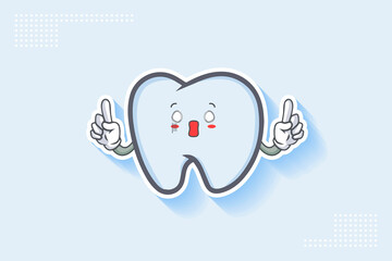 SPACED OUT, SURPRISED, SHOCKED Face Emotion. Double forefinger Hand Gesture. Tooth Cartoon Drawing Mascot Illustration.