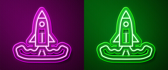 Glowing neon line Rocket icon isolated on purple and green background. Vector.